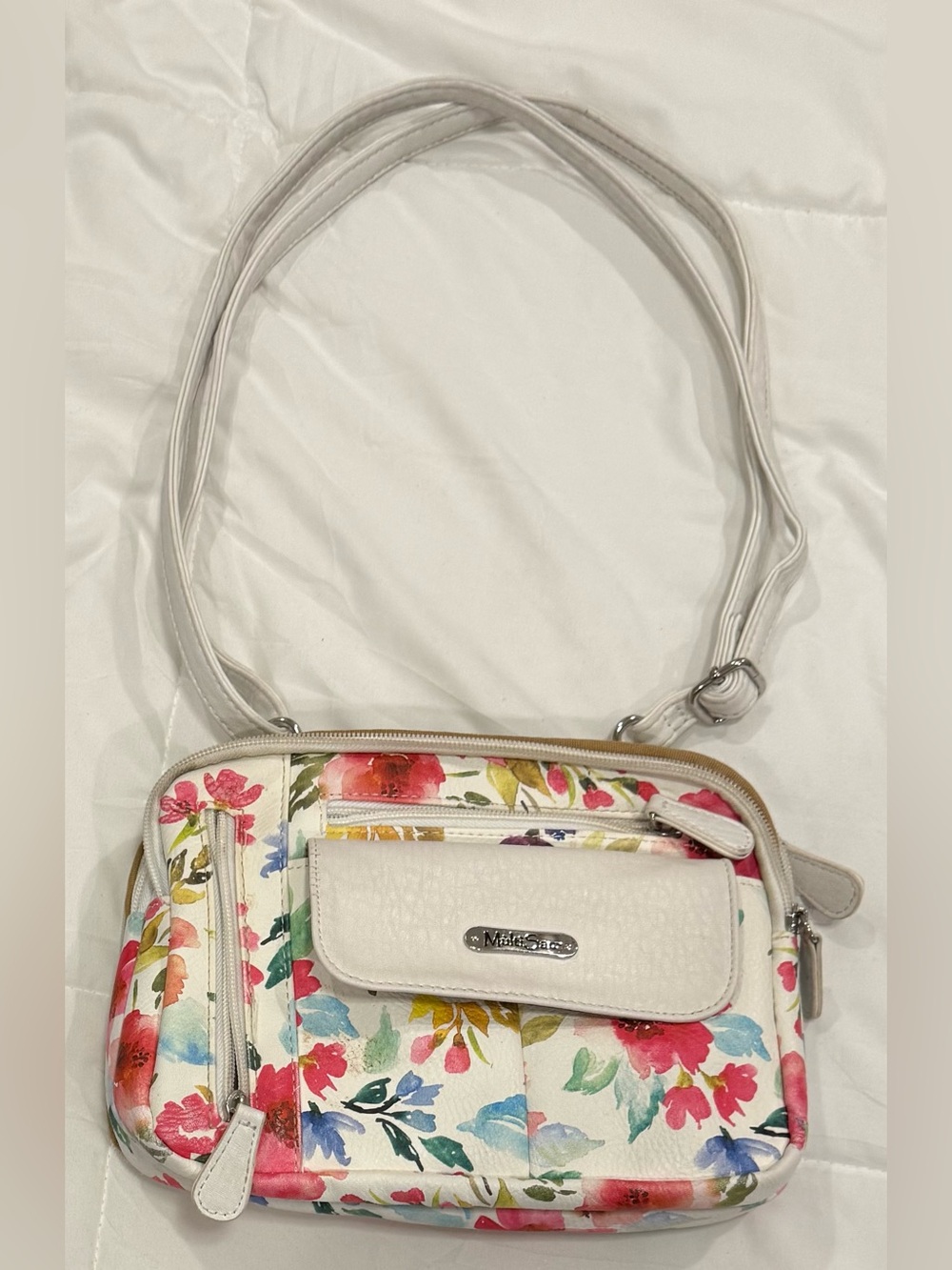 MultiSac Floral Crossbody Bag White Pink Blue Multi-Pocket Purse